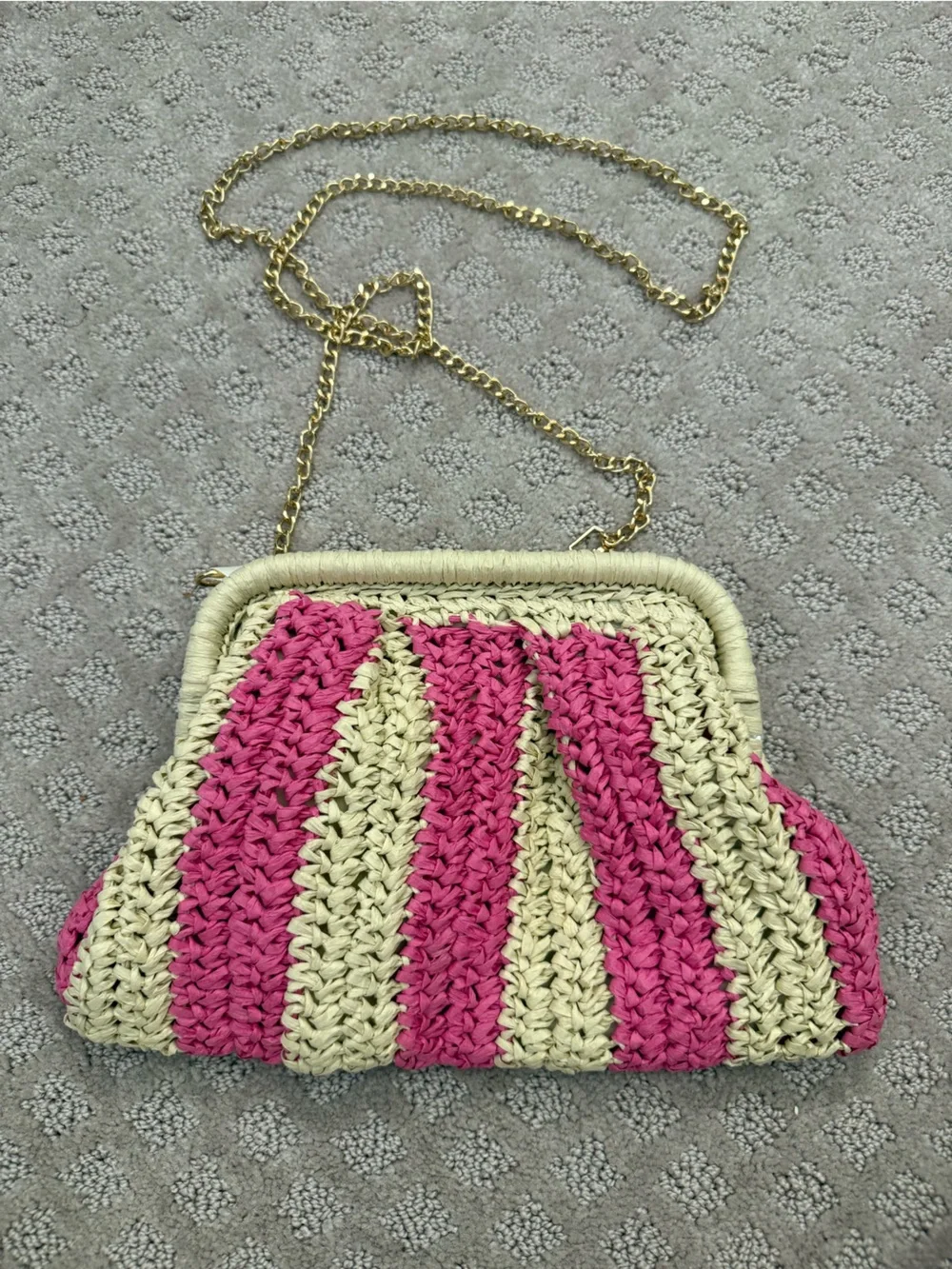 Pink Striped Raffia Clutch Bag Crossbody Beach Vacation Purse Hot Pink Pouch
